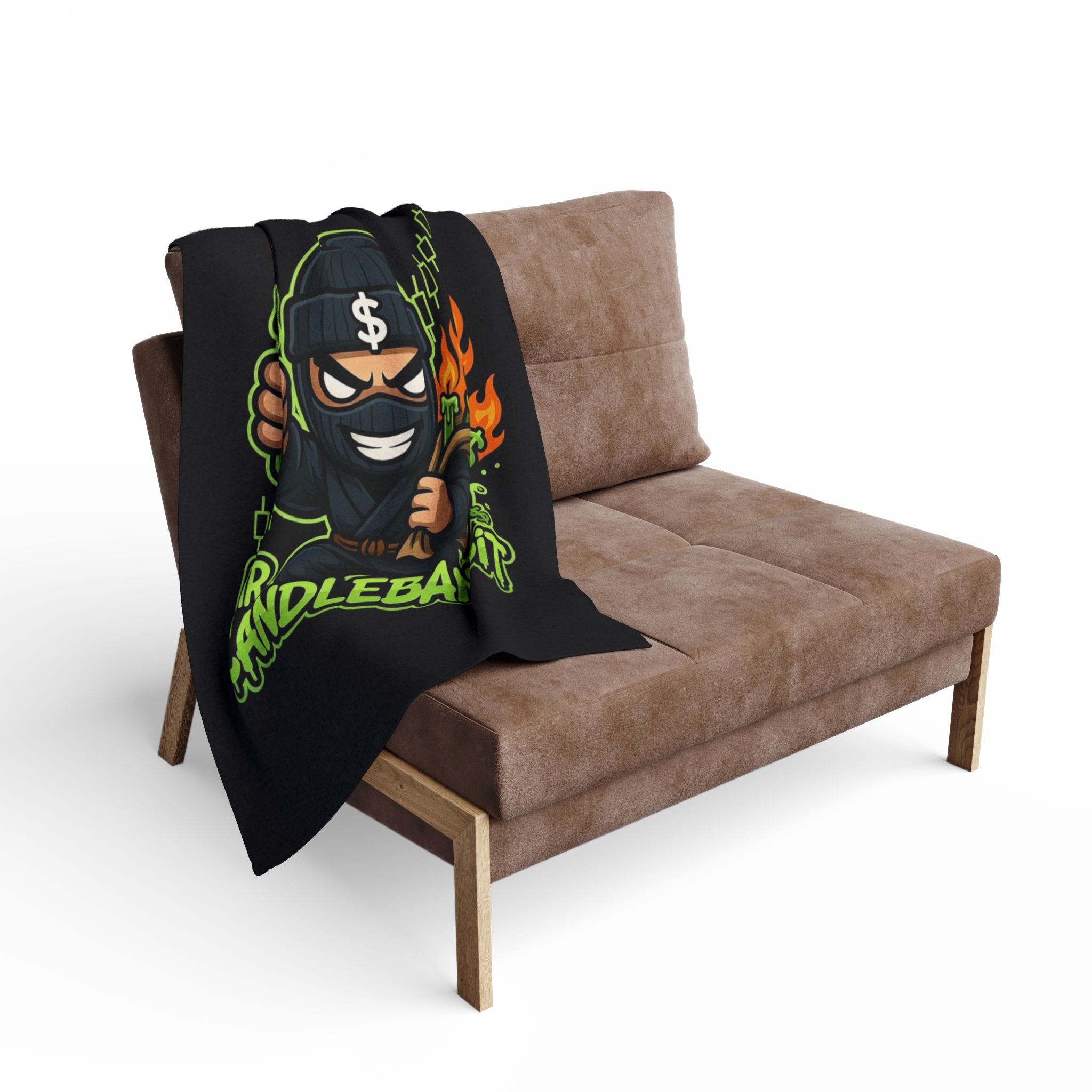 Mr. Candlebandit Arctic Fleece Blanket – Cartoon Bandit Candles, Neon Green & Flame Cozy Throw