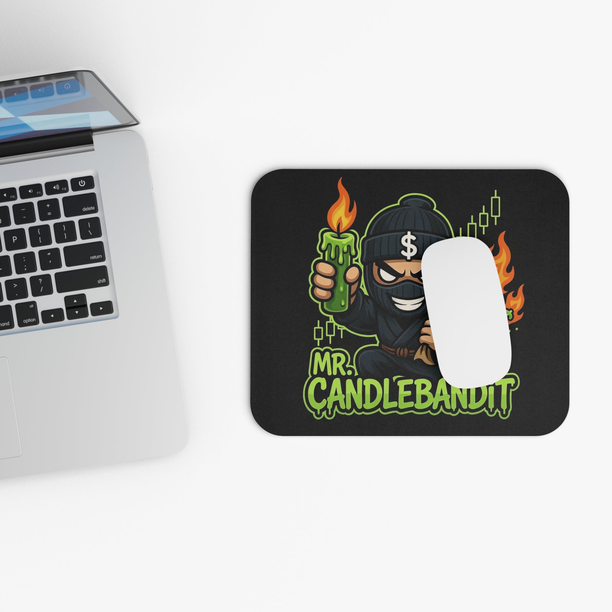 Mouse Pad — Mr. Candlebandit Gaming/Desk Mousepad with Cartoon Bandit & Flame Design