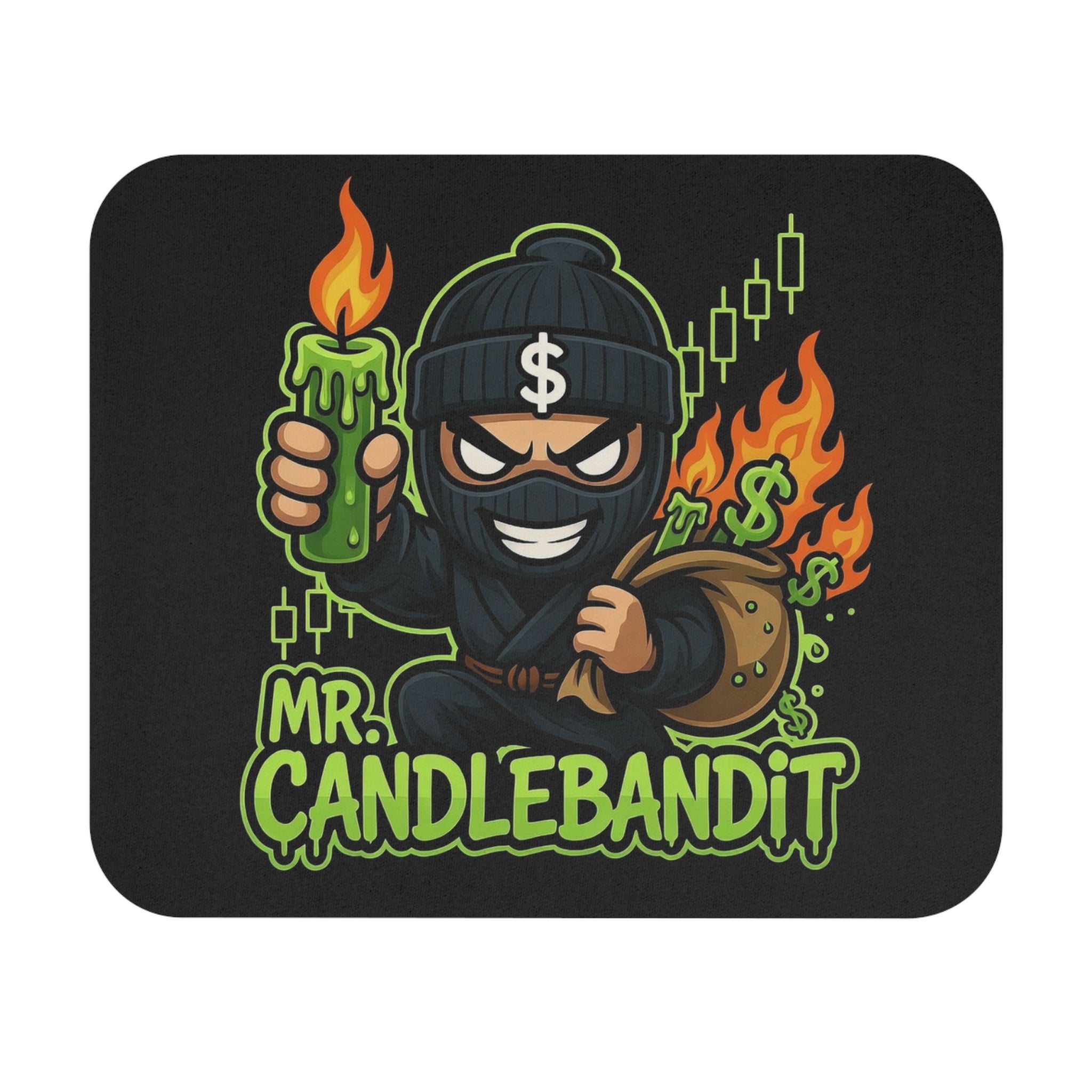 Mouse Pad — Mr. Candlebandit Gaming/Desk Mousepad with Cartoon Bandit & Flame Design